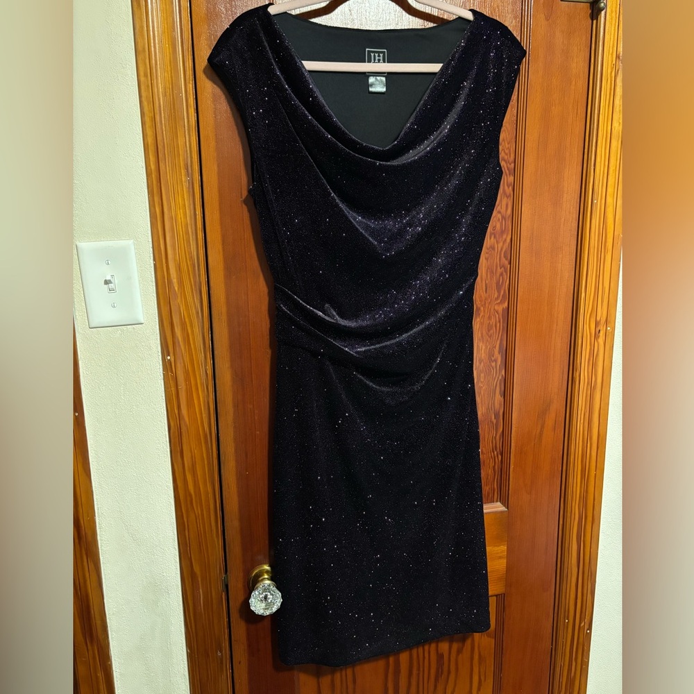 JH EVENINGS Black Purple Shifting Sparkle Ruched Evening Event Dress